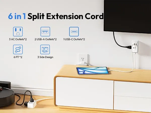 NTONPOWER Twin Extension Cord Splitter 12 / 18 FT, with 6ft Dual Extension Cord on Each Side 3 Widely Outlets, Double Extension Cord for Home Office Dorm Room NTONPOWER Twin Extension Cord Splitter 12 / 18 FT, with 6ft Dual Extension Cord on Each Side 3 Widely Outlets, Double Extension Cord for Home Office Dorm Room