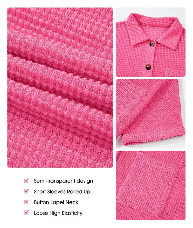 Product Introduction of EVALESS Women's Waffle Knitwear Henley T Shirts Short Sleeve V Neck Solid Color Casual Comfort Tunic Blouse Tops 2025 Trendy Womenswear Summer Outfits 5
