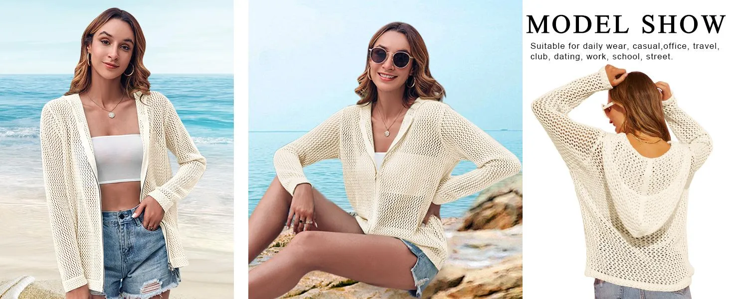 Saodimallsu Women's Crochet Lightweight Cardigan Zip Up Hooded Long Sleeve Knit Sweater Mesh Beach Swim Cover Up for Summer SpringStatements Swimsuit Coverup
