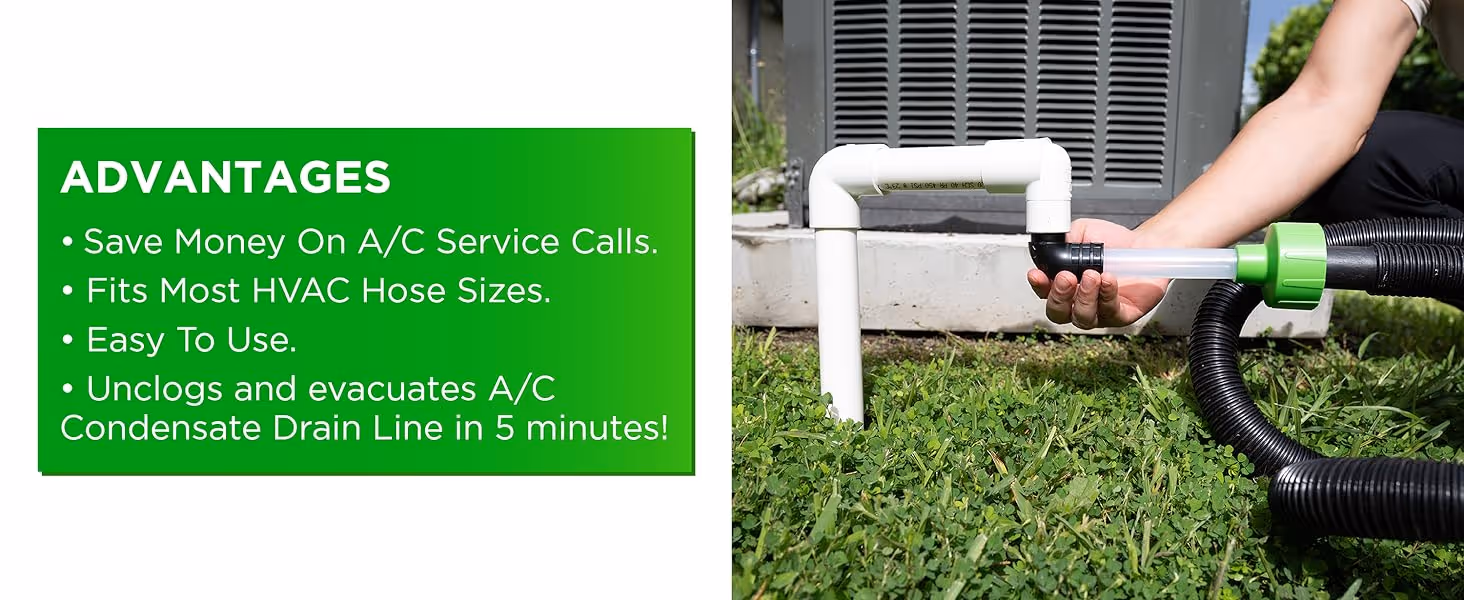AC Drain Line Cleaner Adapter Evacuates & Unclog AC Drain Line - HVAC to PVC AC Drain Line Cleaner Tool - Universal Fit AC Drain Line Unclogger - AC Drain Line Cleaning Tool - Clear Visibility