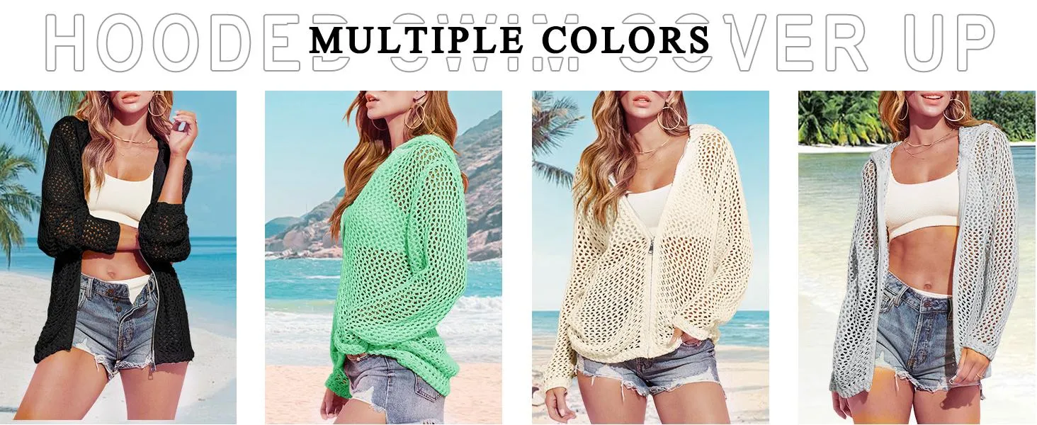Saodimallsu Women's Crochet Lightweight Cardigan Zip Up Hooded Long Sleeve Knit Sweater Mesh Beach Swim Cover Up for Summer SpringStatements Swimsuit Coverup