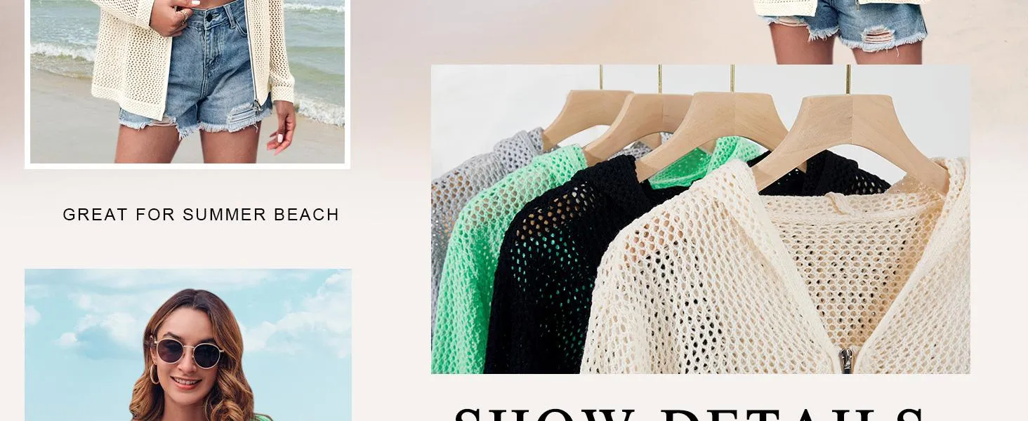Saodimallsu Women's Crochet Lightweight Cardigan Zip Up Hooded Long Sleeve Knit Sweater Mesh Beach Swim Cover Up for Summer SpringStatements Swimsuit Coverup